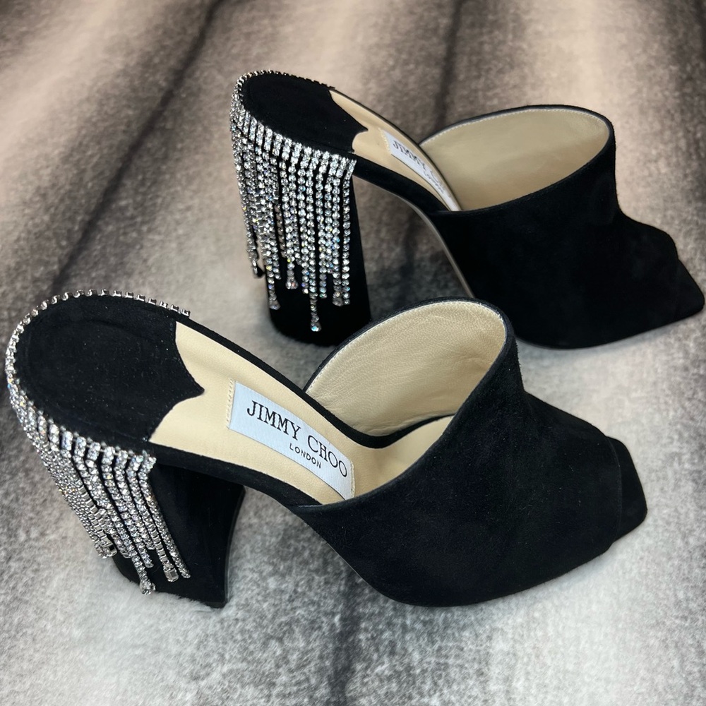 Jimmy Choo Baia 100 mm Black Suede Crystal Drape Mule Heels